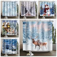 Winter Landscape Shower Curtain Chritsmas Snowman Snowflake Forest Bathroom Curtain Festival Decoration Bathtub Screen with Hook