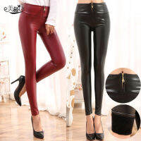 【cw】 Korean Style Winter Womens Pants Fleece-Lined Super Soft High Waist Zipper PU Leather Pants Thick Imitation Leather Slim Fit Leggings Factory Wholesale ！