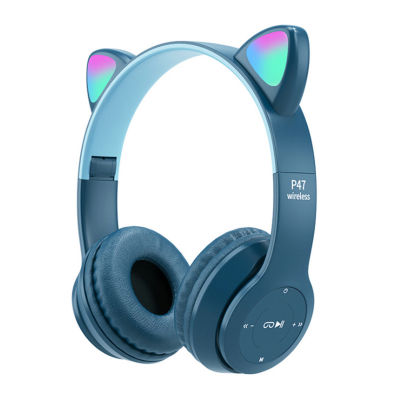 P47m Cute Cat Ears Luminous Head-mounted Headphones Wireless Bluetooth-compatible Game Headset
