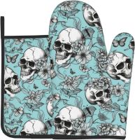 Gothic Skull Flower Oven Mitts and Pot Holders Sets Non Slip Kitchen Gloves Hot Pads with Inner Cotton Layer for Cooking