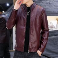 【Ready】? Mens leather coat jacket trendy handsome stand-up collar motorcycle suit youth autumn and winter plus fleece and thick clothes