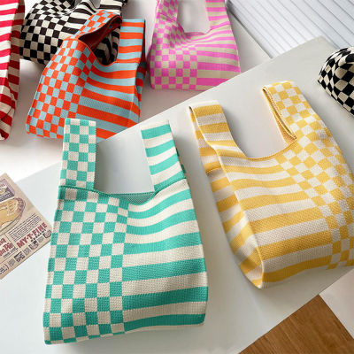 Shopping Pixel Leaf Polka Dots Casual Women Checkerboard Grid Shopping Bags Handbag Wrist Bag Knitted