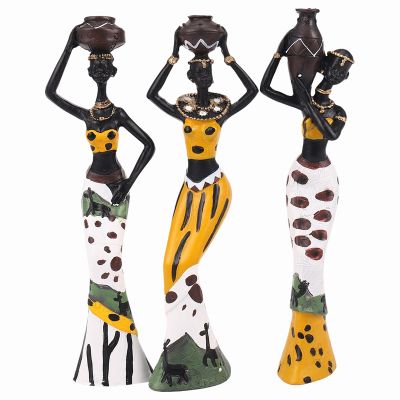 3Pcs Retro Vase African Woman Statue Exotic Resin Culture Figurines Set for Home Hotel Living Room Decoration Craft Ornaments Yellow
