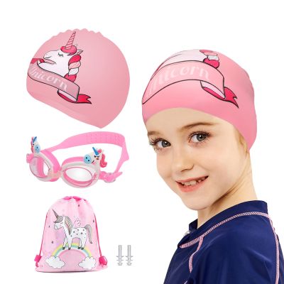 【YF】 Girl Unicorn Swimming Goggles Natacion Anti Fog Swim Silicone Ear Plug with Storage Bag for Children Age 3-12 Cap