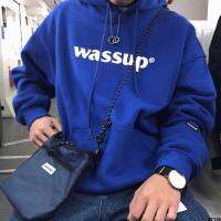 นักเรียนขั้นพื้นฐาน wassup เสื้อสเวตเตอร์แฟชั่นห้าสีทรงหลวมพิมพ์ลายสไตล์เดียวกันมีฮู้ดแฟชั่นสำหรับผู้ชายและผู้หญิง logo