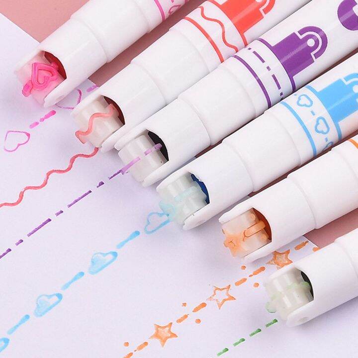 3-6pcs-line-shaped-highlighter-ปากกาที่มีสีสัน-roller-tip-curve-liner-marker-ความแปลกใหม่เครื่องเขียนโรงเรียน-graffiti-art-ปากกา-yrrey