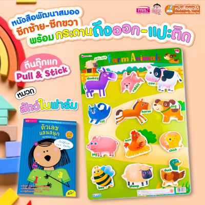 หนังสือเสริมพัฒนาสมองซีกซ้าย-ซีกขวา พร้อมกระดานดึงออก-แปะติด ตีนตุ๊กแก Pull &amp; Stick หมวด สัตว์ในฟาร์ม