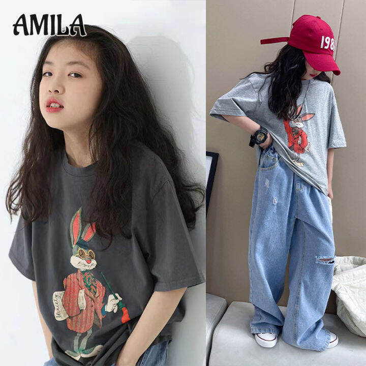 amila-เสื้อยืดแขนสั้นสำหรับเด็กผู้หญิง-เสื้อยืดหลวมพิมพ์ลายการ์ตูนแขนสั้นสำหรับเด็กผู้ชายและเด็กผู้หญิง