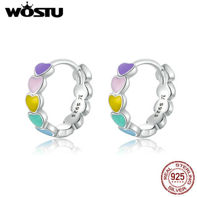 WOSTU Hot Sale 925 Sterling Silver Enamel Rainbow Heart Shape Love Hoops Earrings Fashion Crystal Colorful Women Fine Jewelry