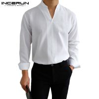 ☒□ Incerun เสื้อเชิ้ตแขนยาวคอวีลําลองทรงหลวมสีพื้นสไตล์ญี่ปุ่นสําหรับผู้ชาย