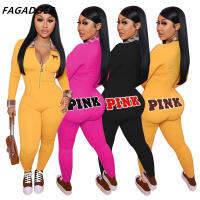 FAGADOER PINK Letter Embroidery Bodycon Jumpsuit Fashion Plaid Patchwork Bodysuits Long Sleeve y Zipper Playsuits Streetwear