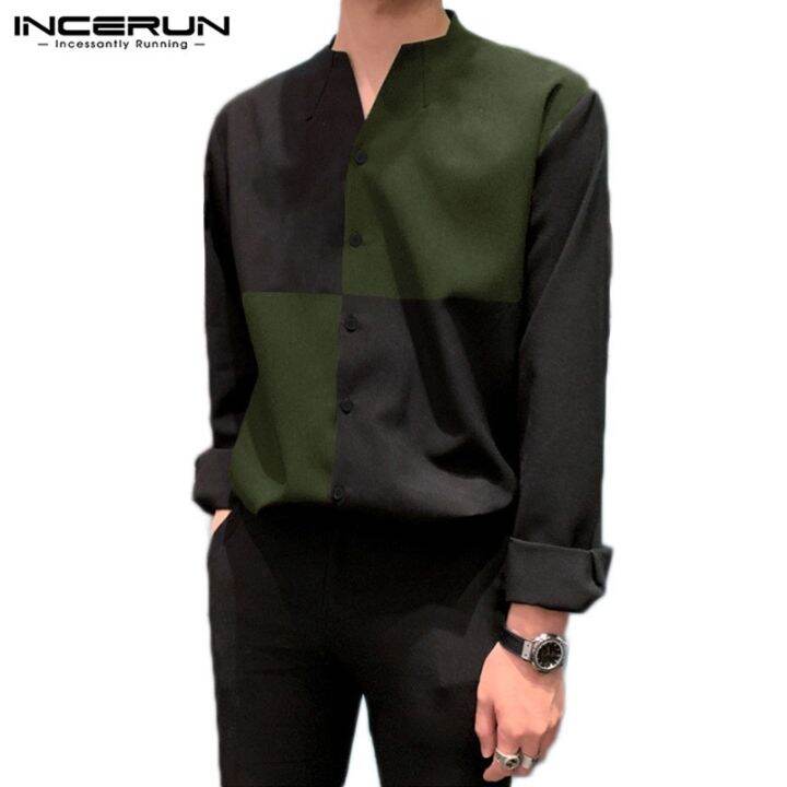 incerun-เสื้อเชิ้ต-แขนยาว-ลายตัดปะ-ทรงหลวม-แฟชั่นสำหรับผู้ชาย