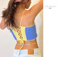 knitneatbkk-CAMI02 Provence blue w/ cream custard cropped camisole เสื้อครอป ถักมือ สายเดี่ยว สีฟ้า ขอบเหลือง ขนาด 30"-32"-34"-36"-38"-40"