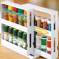 2 Layer Storage Kitchen Rotating Organize Spices Jar Bottle Storage Rack Kitchen Bottle Storage Organizer Shelves Slide Cabinet