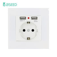 BSEED EU Wall Sockets Single Plugs Sockets White Black Double USB Socket Crystal Glass Panel Sockets Kids Protection 16A