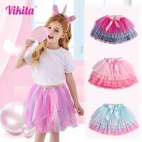 【CC】 Tutu Skirts Kids Bow Layered Pleated Skirt Mesh Children