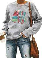 JINTING Merry and Bright Sweatshirts for Women Funny Christmas Trees Printed Long Sleeve Casual Crewneck Xmas Pullover Tops A-grey