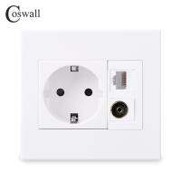 [HOT GELLXKOWOIGHIO 527] Coswall PC แผง16A EU Wall Power Socket Grounded กับทีวีหญิง Connector 8 Core CAT6 RJ45อินเทอร์เน็ตคอมพิวเตอร์ Data Outlet