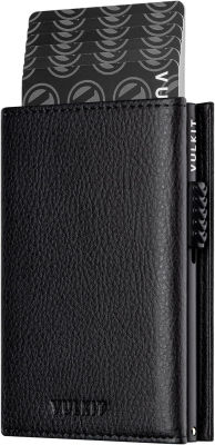 VULKIT Card Holder Wallet with Coin Pocket Magnetic Closure Pop Up Cards With ID Window Leather Wallet for Cash &amp; Credit Cards, Grain Black
