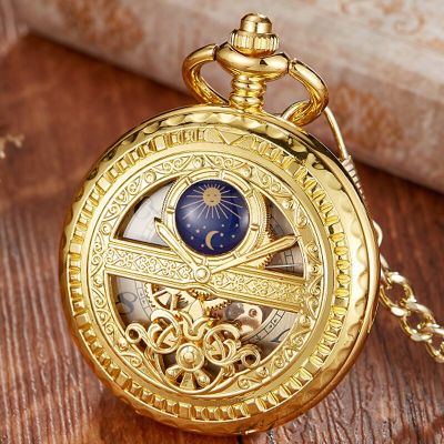 นาฬิกาพกกลไกลมแบบวินเทจสีฟ้ากลวงดวงจันทร์ดาวโครงกระดูกแนวสตรีมพังก์นาฬิกาเลขโรมันพร้อมโซ่ Fob