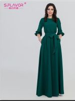 ZZOOI S.FLAVOR Green Color Woman O-Neck Long Dress Bohemian Style Slim Vestidos Vintage 3/4 Lantern Sleeve Casual Autumn Dress