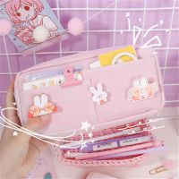 ♟✎ kawaii Large Pencil Case Stationery Storage Bags Canvas Pencil Bag Cute Makeup Bag School Supplies for Girl Kids Gift w/ Badge