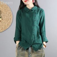 COD Retro cotton and linen top womens loose casual long-sleeved literary style shirt