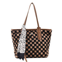 Large Capacity Plush Plaid Tote Bags For Women 2021 Winter New Fashion Ladies Handbags Shoulder Bag With Ribbon Brand Ms. Totes