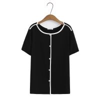 【มีไซส์ใหญ่】Plus Size Womens XL-4XL Knitted Summer Shirts Oversized Patchwork Black Tops Fashion Casual Female Top