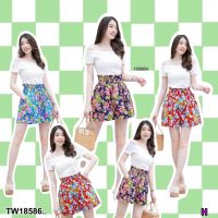 TW18586 set 2 ชิ้น เสื้อปาดไหล่ + กางเกงเอวยืดลายดอกไม้