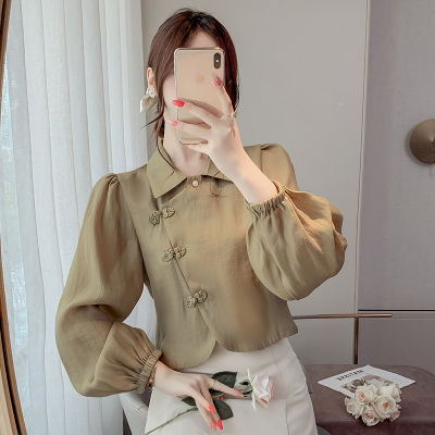 -2023 Spring New Womens Top Retro Chinese Style Buckle Short Shirt With Lining Lantern Sleeve Jacket