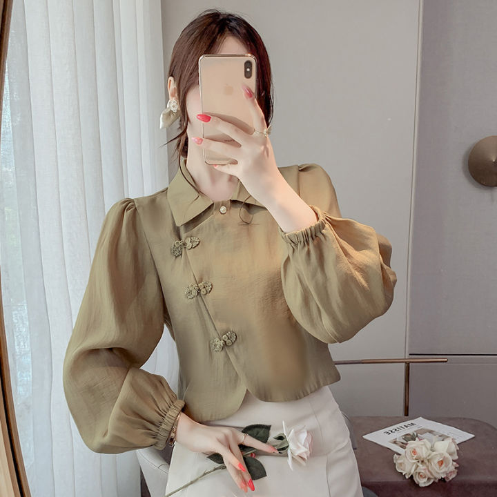 2023-spring-new-womens-top-retro-chinese-style-buckle-short-shirt-with-lining-lantern-sleeve-jacket