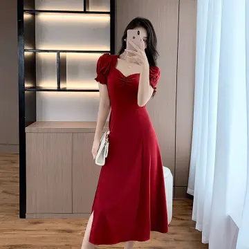 EDCRF Women's Long Sleeve Swing Dresses Flowy A Line Maxi Dress Spring Plain  Casual Elegant Party Smocked Long Dress with Pockets Wine at Amazon Women's  Clothing store