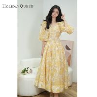 HolidayQueen ชุดเดรสผ้าชีฟองฝรั่งเศสสไตล์วันหยุดสีเหลืองใหม่ความรู้สึกอาวุโสกระโปรงยาวลายดอกไม้อารมณ์ HQ2016กระโปรงหรูอ่อน