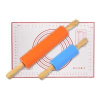 2 Pcs Silicone Rolling Pin with Wooden Handles,1 Pcs Silicone Kneading Pad,for Baking Pie, Pastries,Pizza,Cookies