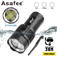 Asafee ไฟฉายดำน้ำ3000LM LED T40 30เมตร,D024ดำน้ำลึก5 * ยาว200เมตร IPX8ไฟฉายกันน้ำได้โคมไฟสกูบาสวิตช์แม่เหล็ก