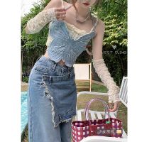 Spice Suit Butterfly Jeans Hanging Neck Small Condole Belt Vest Female In Summer By The Unique Chic Short Coat