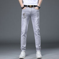 European And American 2023 Spring New Mens Gray Jeans Stretch Slim Fit Skinny Embroidered Casual Mid-Rise Pants Men