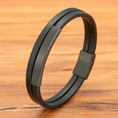 XQNI Simple Style Classic Stainless Steel Mens Black Leather Bracelet &amp; Bangle Double-layer Design DIY Customization For Friend