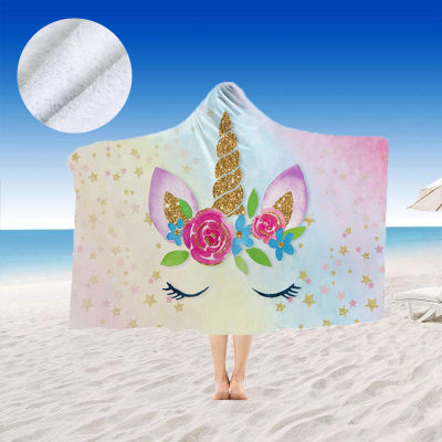 Soft Microfiber Summer Beach Towel with Hood Cartoon Unicorn Hooded Bath Towel for Boys Girls Wearable Travel Wrap Blanket
