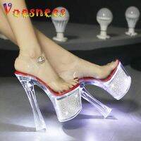 Voesnees Super High Heel Nightclub LED Light Up Luminous Crystal Sandals Women Transparent Star Platform Sexy Pole Dancing Shoes