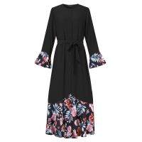 ；【‘；- Stitching Flowers Printing Long Sleeve Buttons Women Spring Muslim Abaya Hijab Long Sundress Patchwork Vestido Csaual Skirt