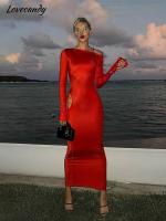 Red Silky One Shoulder Cutout Dress Long Sleeve Open Waist Lace Up Party Dress 2023 Sp Slim Womens Long Dresses