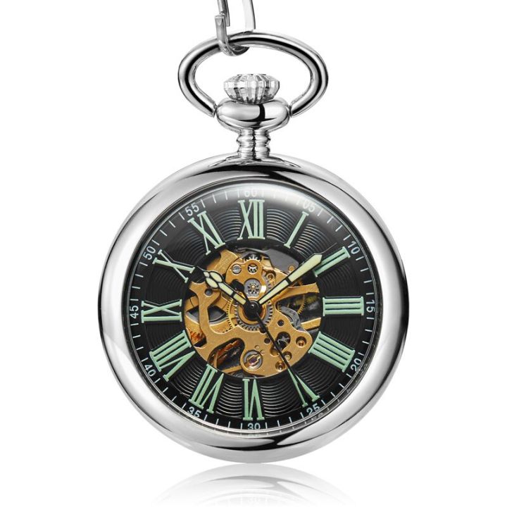 นาฬิกาพกกลแบบใสโครงกระดูกเงินเรียบเลโลจเดโบลซีโลแบบขายวัตถุโบราณสำหรับผู้ชาย