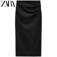 ▧☇♈ ZARA genuine black skirt slit mid-length slim high waist draped straight skirt 08000878800