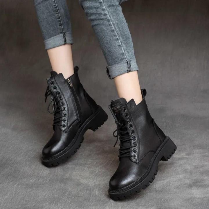 รองเท้าบูท-martin-สำหรับผู้หญิง-sepatu-boot-pendek-สไตล์อังกฤษรองเท้าหนังสีดำลูกไม้รองเท้าบูทอัศวินรองเท้าส้นตึก