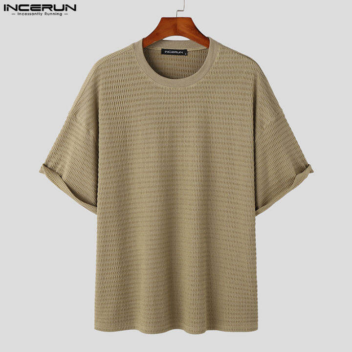incerun-เสื้อลายตารางผู้ชายแขนสั้นเสื้อยืดเทกเชอร์ลำลองอเนกประสงค์แบบเรียบง่าย-สไตล์เกาหลี