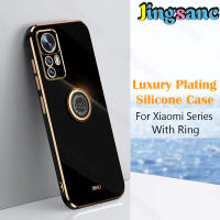 Jingsanc สำหรับ Xiaomi 12ครั้ง Pro 5กรัมโทรศัพท์กรณีหรูหราชุบกับผู้ถือแหวนปลอกที่เรียบง่ายยืนซิลิโคนไฟฟ้าตรงตารางขอบกรณีรวมทุกอย่างเลนส์ปกหลัง