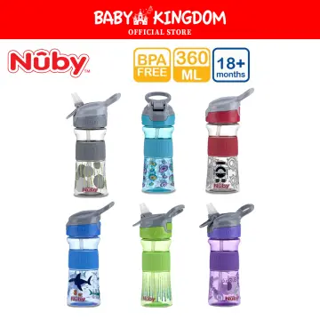 Nuby Push Button Flip-it Soft Spout Tritan Water Bottle, Blue Sharks, 18 Oz  