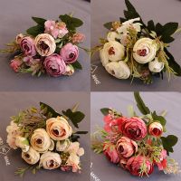 ✽☈卍 European Vintage Artificial Silk Tea Rose Flowers 6 head 4 Small bud Bouquet Wedding Home Retro Fake Flower Party DIY Decoration